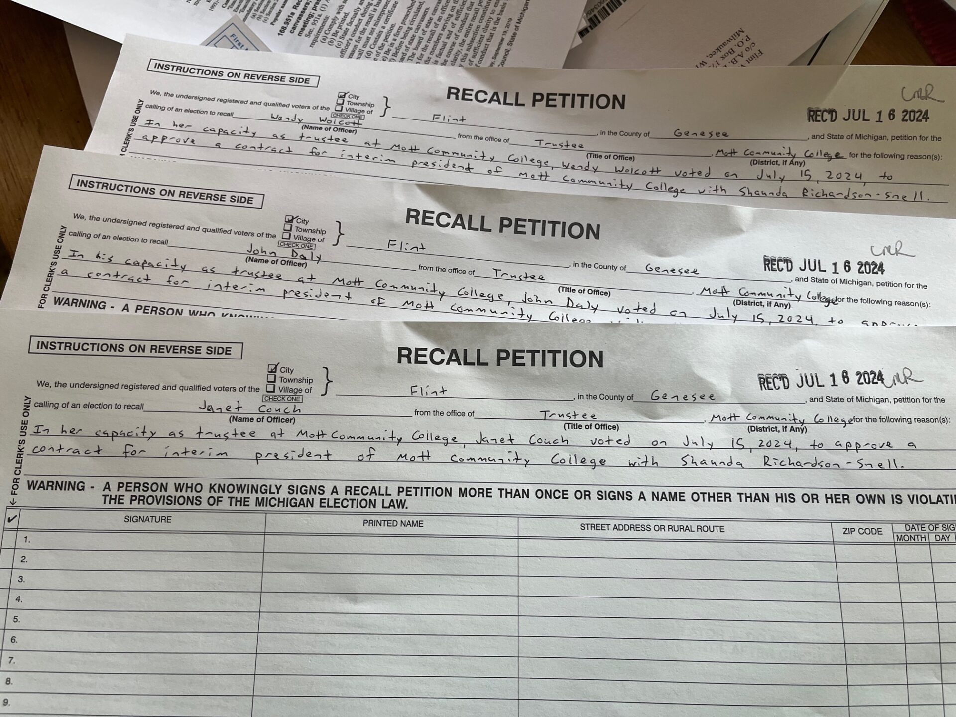 Election Commission approves recall language for three MCC trustees